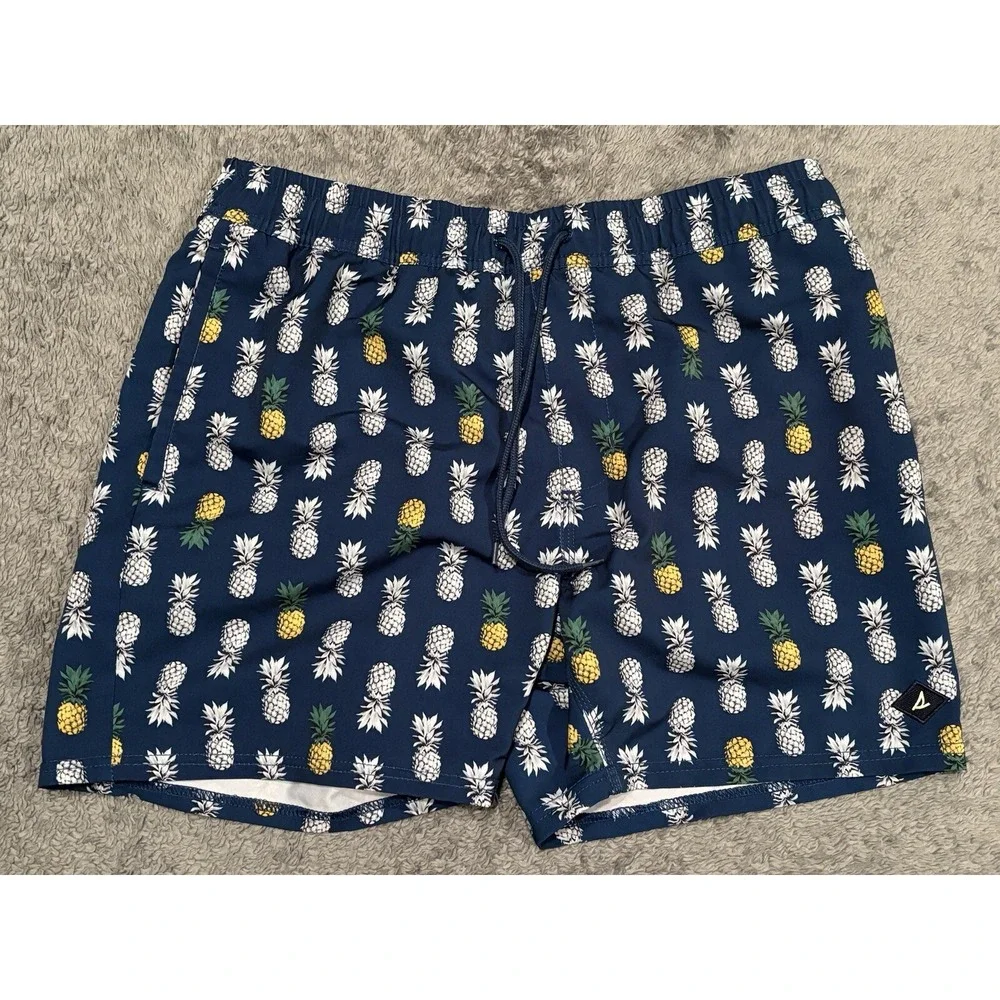 Sperry Mens Blue Pineapple Print Swim Trunks Size L Elastic Waist Mesh Lined